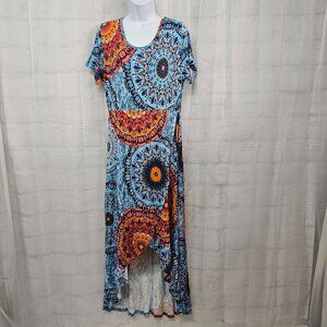 Ayifu Dress Maxi Boho Festival Hi-Low Casual Blue Orange Faux Wrap XL